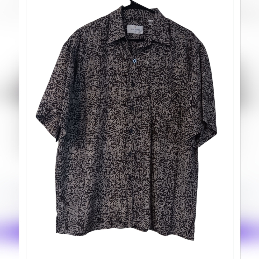 Bill Blass Gray and Tan Patterned Shirt 100% Silk Sz L